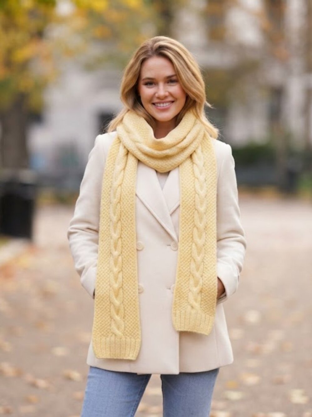 New Handmade Butter Yellow Long Scarf Center Cable Knit Cozy